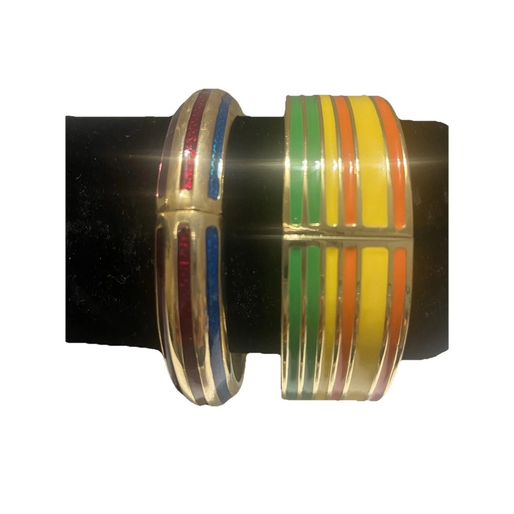 Retro Vintage Hinged Gold Tone Patriotic And Bright Multicolor Thick Bracelets
